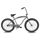 Micargi Luxe 26 Inch Beach Cruiser Bike for Men,Steel Frame,1-Speed,Hi-Rise Handlebar,Three Piece Cranksets,Coaster Brake,26x4.0 Fat Tire Bike,Mens Bike,Complete Cruiser Bikes,Matte Grey