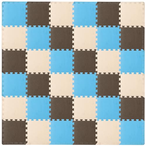 Image of ProSource Baby Play Mat, Soft Foam Floor Tiles for Kids, Interlocking EVA Panels for Playpen Use, Crawling Development Surface, Safe Non-Toxic Toddler Flooring, 36 Tiles, Blue /Brown /Beige