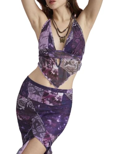 Image of Verdusa Women's 2 Piece Boho Skirt Sets Going Out Backless Halter Top with Split Skirt Rave Festival Outfits Western Clothes