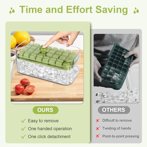 Livsoham Bandeja para cubos de gelo com tampa e lixeira, 2 bandejas de gelo para freezer, 64 peças d