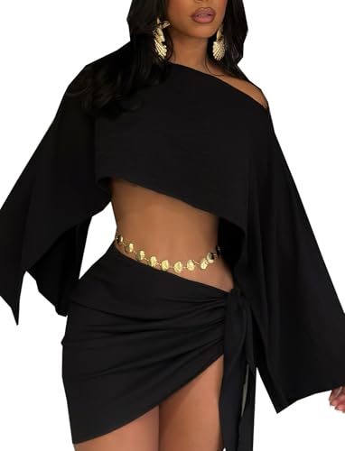 JYAOVO Women's 2 Piece Outfits Batwing Off Shoulder Irregular Crop Top and Mini Skirt Set Sexy Matching skirt Sets