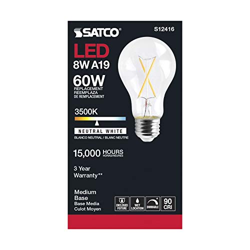 Satco Dimmable LED Filament Bulbs, S12416, 810 Lumens, 8 Watt, A19; E26 Medium Base; 3500K Neutral White; 90 CRI; 120V, Wet Location Rated, Residential, Hospitality, Commercial (6 Light Bulbs) by Satco - Used condition - Image 4