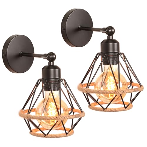 TOKIUS 2 Piezas Lámparas de Pared Interior 16cm Industrial Lámpara de Metal Diseño Jaula con Cuerda de Cáñamo Vintage Aplique Pared Regulable Luz de Techo para Salón Pasillo Dormitorio Café (Negro)