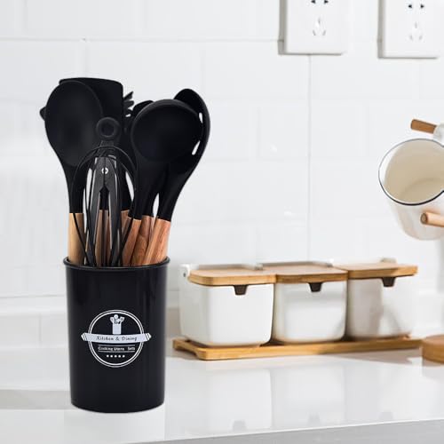 Kitchen Utensil Set, 12 Pcs Silicone Cooking Utensils Set, Silicone Kitchen Utensils Set Cooking Utensils Set with Holder Natural Wooden Handles Cooking Tool(Black) - Image 6