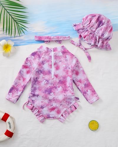 Image of Renotemy Baby Girls Swimsuit Drawstring Zip Bathing Suit Long Sleeve One-Piece Rash Guard Swimwear with Hat for Infant Girl