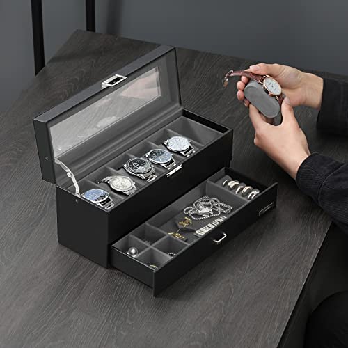 Vimber Watch Box, 6-Slot Watch Case With Real Large Glass Lid, 2 Layers Mens Jewelry Box With 1 Drawer For Jewelry, Leather Watch Box Organizer, Gift For Loved Ones, Black Synthetic Leather Ussh206H #TOP3