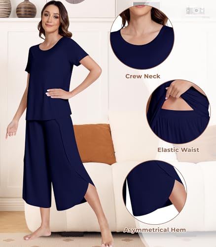 Image of NACHILA Pajamas Set for Women Short Sleeve Sleepwear with Capri Pants Cool Pjs Soft Loungewear,Viscose Made from Bamboo