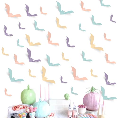 Sursurprise 48PCS 3D Pastel Halloween Bat Wall Stickers, Wall Decals, Bat Wall Decor