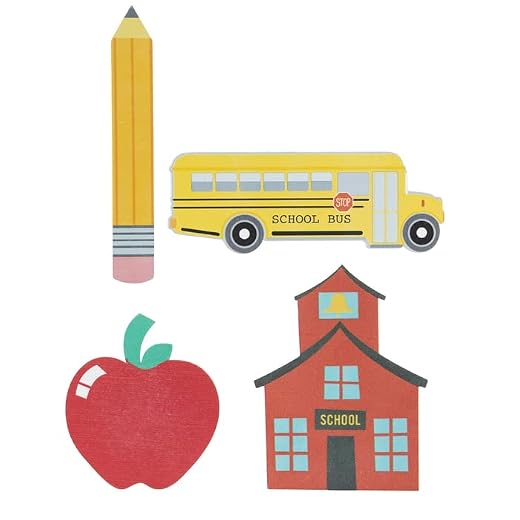 Craft Supply School Painted Wood Cutout Shapes - 4 Mini Pieces - Schoolhouse, Apple, Pencil, School Bus (1518851)