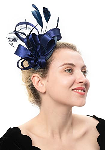 FELIZHOUSE Fascinator Hats Hat Tea Party Feather Hair Clip Bridal Headpieces Ascot Headband for Women (#1 Satin Navy Blue)