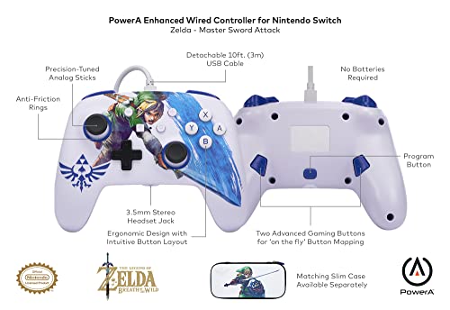 Image of PowerA Enhanced Wired Gaming Controller for Nintendo Switch or Nintendo Switch OLED, The Legend of Zelda, Master Sword Attack, White /Blue (Officially Licensed)