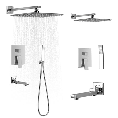 Sistema de ducha empotrado para montaje en pared, sistema de ducha de 3 funciones con cabezal de ducha de lluvia de 25 x 25 cm, ducha de mano de alta presión y entrada de bañera, adecuado para todos