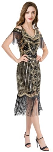 Image of Women Flapper Dresses 1920s V Neck Beaded Fringed Great Gatsby Club & Night Out Dresses