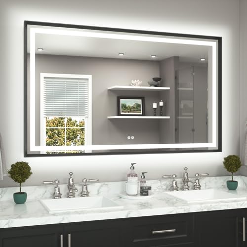 TETOTE 60 x 36 Large Bathroom Mirror Brushed Black Metal Frame Frontlit & Backlit Vanity Mirror 3 Colors White/Warm/Natural Stepless Dimmable Anti-Fog Bathroom Mirrors for Vanity Wall-Mounted