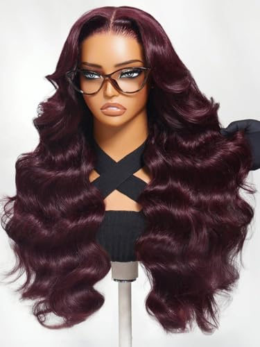 Image of Beauty Forever 13x4 Pre-Everything Lace Frontal Glueless Wig Human Hair Pre Plucked Pre Cut Black Cherry Loose Body Wave Drawstring Wig With Face Framing Layers Ready to Go Wigs 150% Density 26inch