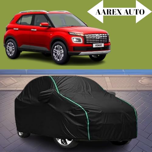Image of Waterproof Car Body Cover for Hyundai Venue (2015-2026) with Mirror Pocket, UV Protection, Buckle Belt, 100% Water-Resistant (Black)