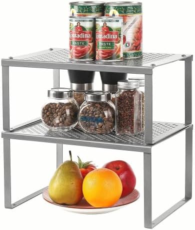 LIANTRAL Kitchen Cupboard Organiser Set of 4, Shelves for Cupboard Expandable & Stackable, Kitchen Storage Shelf Made of Metal for Kitchen Cabinets, Counter-Tops - Silver