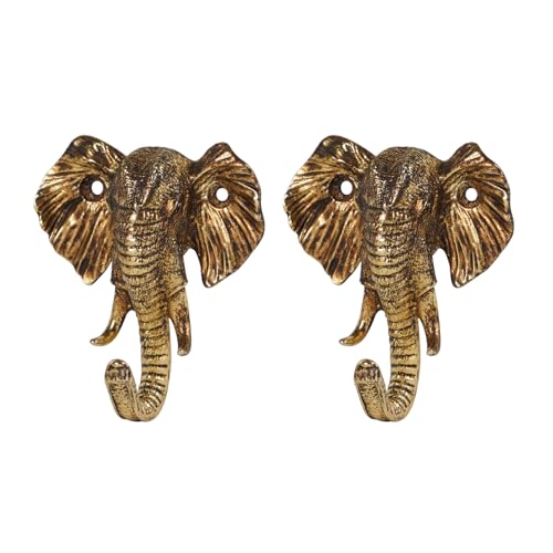 SOFFEE DESIGN 2PCS Metal Golden Coat Hook with Elephant Head Shape, Retro Decorative Wall Hooks for Entryway, Bathroom, Farmhouse Home Decor