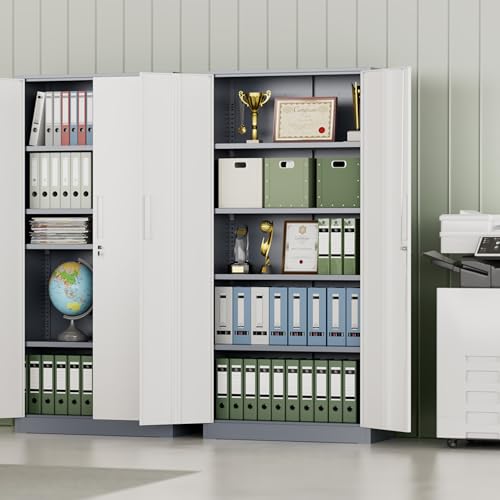 Image of INTERGREAT Metal Storage Cabinet, 72 inch H Lockable Steel Cabinets with Locking Doors, Storage Locker with Adjustable Shelves for Office, Home, Garage, Gym, School (White Grey)