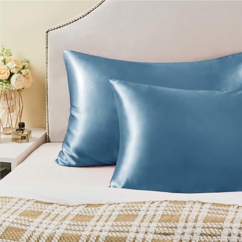 BEDELITE Satin Pillowcase with Zipper 2 Pack, Airy Blue Pillow Cases Standard Size, Super Soft and Cooling Similar to Silk Pillow Cases, Gift for Women Men(20x26 Inches)