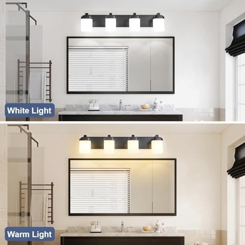 Image of 29 Inches Bathroom Vanity Light, 4-Light Black Bathroom Light Fixtures Over Mirror, Bathroom Light Shower Lamp with Milky White Square Glass Shade, Modern Farmhouse Lighting Fixtures