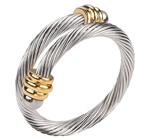 Twisted Cable Wire Rings for Women, Adjustable Stainless Steel Open ring in Two Tone Silver Gold Designer Brand Inspired Jewelries in Gift Box