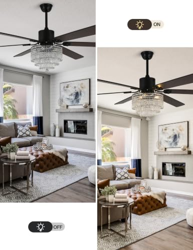 Image of 65'' Black Crystal Chandelier Ceiling Fan with Light