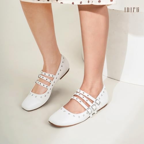 IDIFU Mary Jane Flats Square Toe Strappy Three Staps Ballet Flats Dress Shoes Vintage Bridal Ladies Dressy Comfortable Casual Formal Cute Flats Work Wedding Evening Flat Shoes3