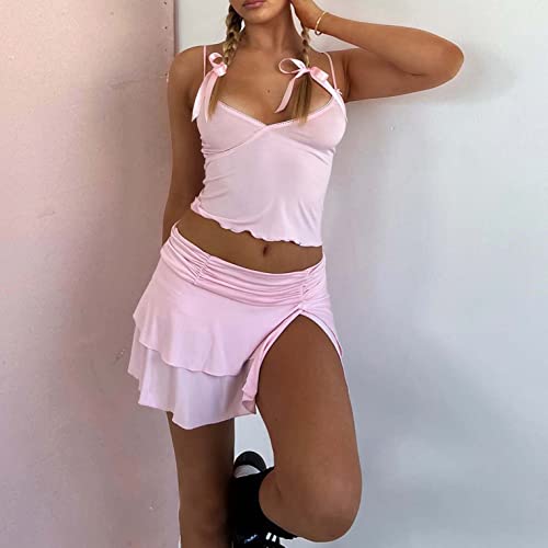 Women 2 Piece Outfits 2023 Summer Y2K Fairy Side Drawstring Bow Tie Crop Top And Skirt Cute Vintage Short Dress Set #TOP2