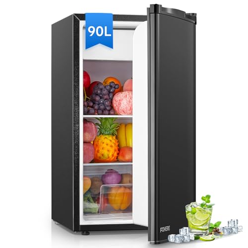 FOHERE 90L Kühlschrank mit Gefrierfach Klein & Gemüsefach | Ultra-Leiser Mini Kühlschrank für Schlafzimmer/Büro | 7-Stufen Thermostat, Energieeffizien | Schwarz