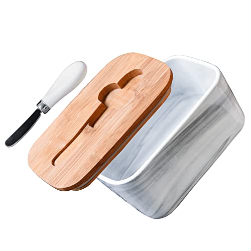 Yundu Graue Marmor-Keramik-Butterdose mit Deckel, Butterbehälter mit Messer und Silikonversiegelung für Arbeitsplatte Cover