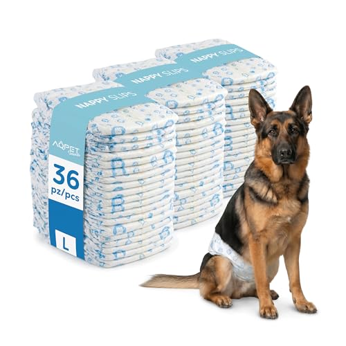 Aqpet Pannolini Igienici a Fascia Mutanda per Cani Maschi con Chiusura Adesiva Regolabile, Anti odore, Usa e getta, Taglia Large 650x200, Confezione da 36 Pezzi