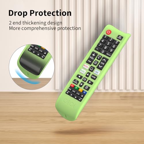 Image of Foxsky Oboe Silicone Remote Cover - Compatible with Samsung Smart TV BN59-01315 & Other TVs - Protective Case with Lanyard & Glow in Dark Green
