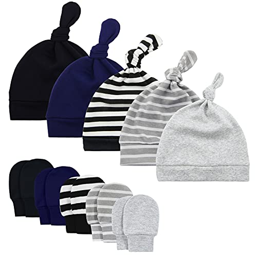 Image of Baby Newborn Hats and Mittens Set 0-6 Months Cotton Beanie Top Knot for Baby Boys Girls Winter