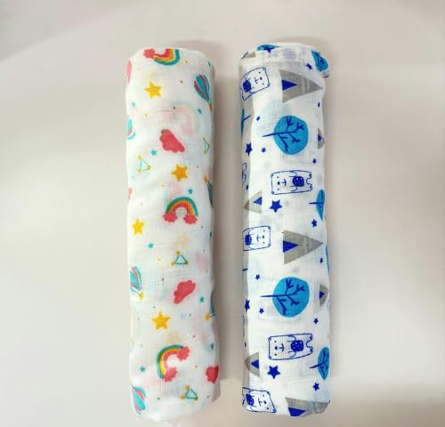 Image of Swaddle for Babies -100% Muslin Cotton Soft Swaddle /Blanket /Multipurpose Wrap for New Born Baby Girl & Boy | Perfect for Gifting | 100x100 cm | 0-6 Months, Set of 2, (Rainbow & Bear Print)