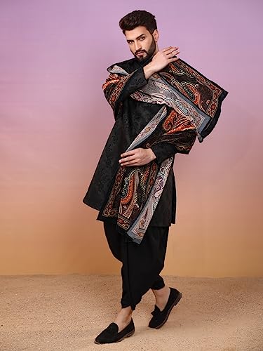 Image of KISAH Indowestern Men's Casual Style Ethnic Wear Silk Blend Woven Design Regular Fit Black Indo-Western Sherwani Set Indo-Western