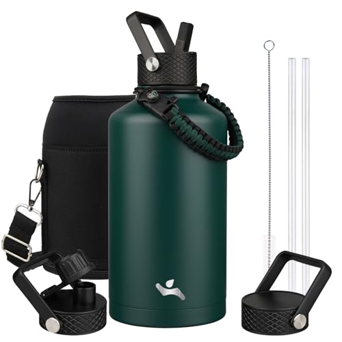 Insulated Water Bottle with Straw,87 oz 3 Lids Water Jug with Carrying Bag,Paracord Handle,Double Wall Vacuum Stainless Steel Metal Flask,Dark Green