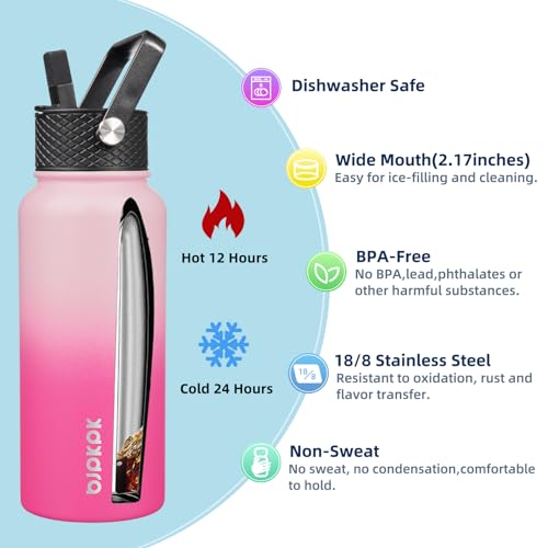 Image of BJPKPK 2 Pack 32oz Insulated Water Bottles with Straw Lids, Stainless Steel