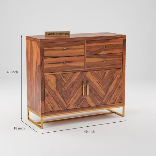 Image of Solid Sheesham Wooden Sideboard Cabinet with 4 Drawer & 2 Shelves - Chest of Drawers Wooden Drawer Storage Cabinet for Bedroom Living Room Storage (Owan, Honey Finish)