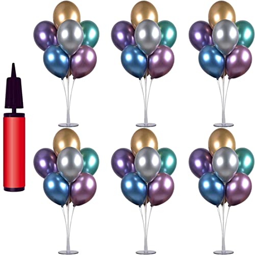Godeufe Lot de 6 Supports de Ballons de Table - Décoration de Fête d'anniversaire, de Mariage, 50 Ballons de Couleurs Mélangées, 42 Bâtons, 42 Tasses, 6 Bases, 3 Ventouses, 1 Pompe à Main pour Ballons Cover