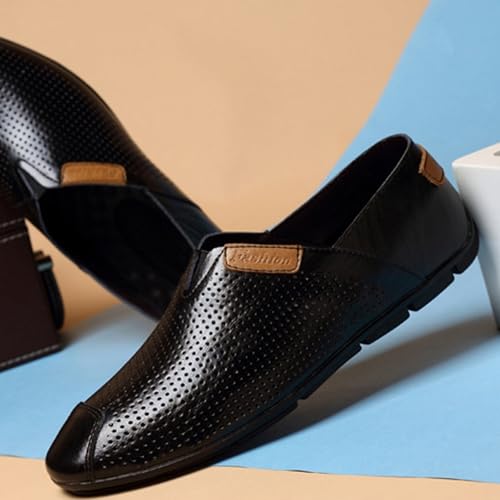 Men's Genuine Leather Flat Loafers Breathable Punching Round Toe Non-Slip Slip-On Fashionable Driving Casual Shoes Light Work Walking Flat Shoes2