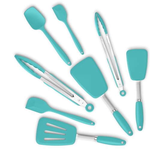 5-Piece Silicone Spatulas Set with Tongs, 446°F Heat Resistant, Aqua Sky