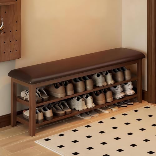 Image of Wooden Shoe Storage Bench with Leather Cushion, Dark Brown, 47.2 inch