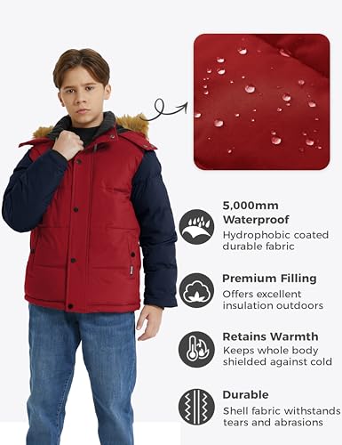 wantdo Boys' Winter Coat Warm Puffer Coat Waterproof Winter Jacket with Faux Fur Hood4