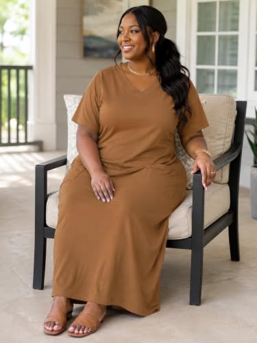 Image of Plus Size Maxi Dress for Women Short Sleeve V Neck Casual Loose Sundress with Pockets