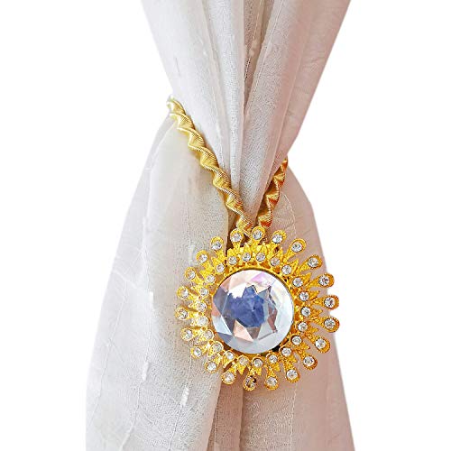 YYC 2 Stück große Kristall-Windwills-Raffhalter für Vorhänge, dehnbares Seil, Diamant-Schnalle, magnetische Vorhanghalterungen (Gold)