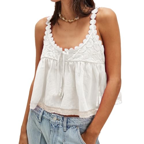 Women Lace Trim Babydoll Tank Top Tie Front Sexy Semi Sheer Y2k Summer Teen Girls Going Out Tops