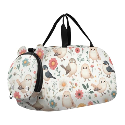 Duffle Bag for Boys or Girls with Shoes Compartment, Little Birds Flowers Sports Travel Bag Overnight