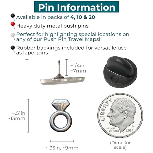 Image of Engagement Ring Push Pins - Silver Diamond Ring Map Pins for Cork Boards, Maps, or Lapel Use - Designed in USA - Set of 10