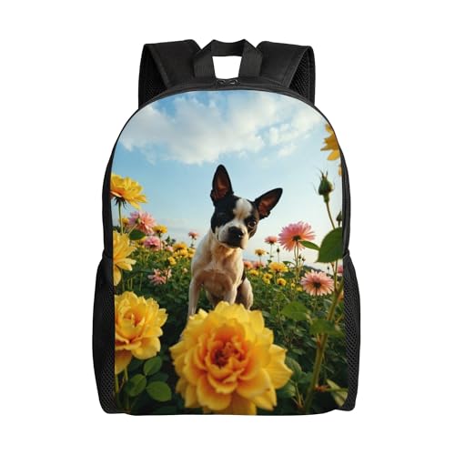 Travel Backpack for Women & Men Dog Field Flowers Sky Lightweight, Large Capacity Backpack For Adult 16 Inch